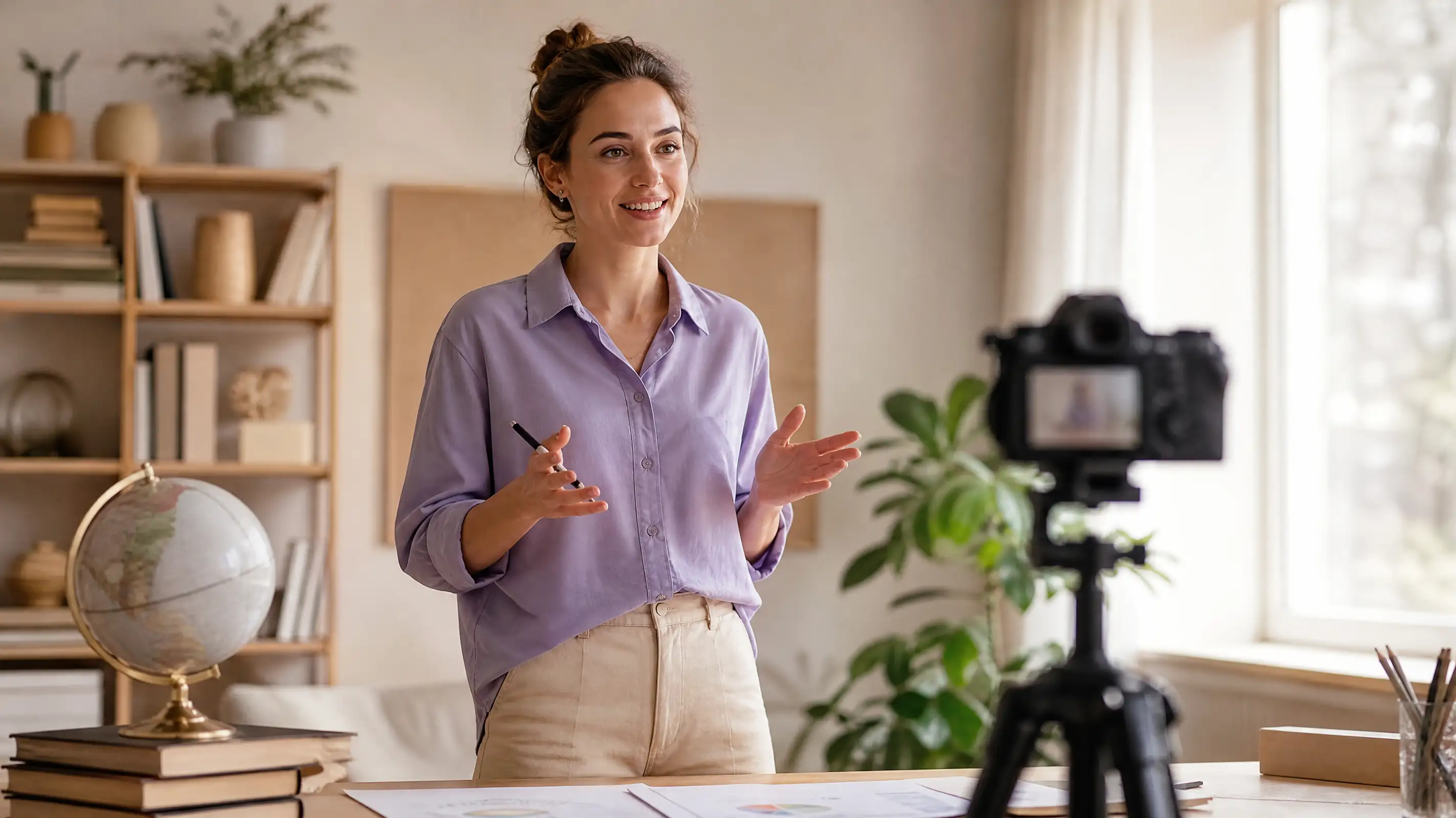 Educator recording an AI educational video lesson in a bright modern study